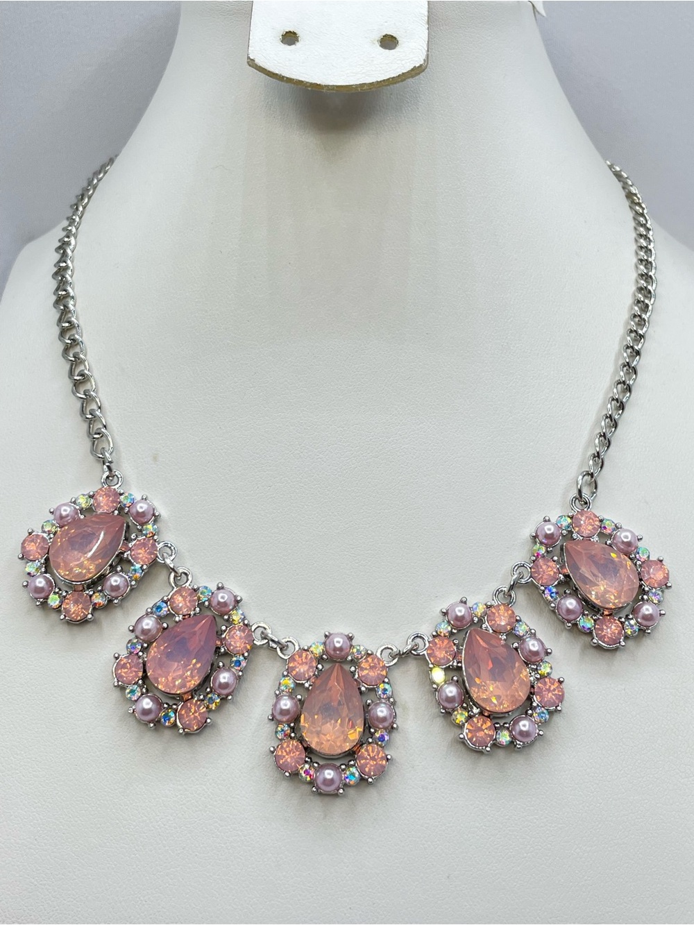 Silver Tone Pink Crystal Faux Pearl Statement Bib Necklace AB Rhinestone
